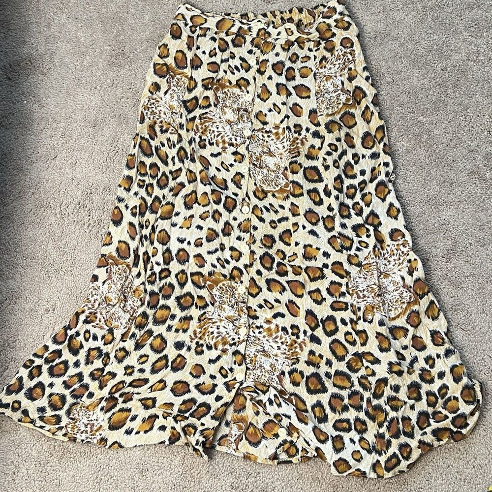 Symphony Leopard Print Midi Button Front Skirt Womens M Vintage Bohemian Rayon
